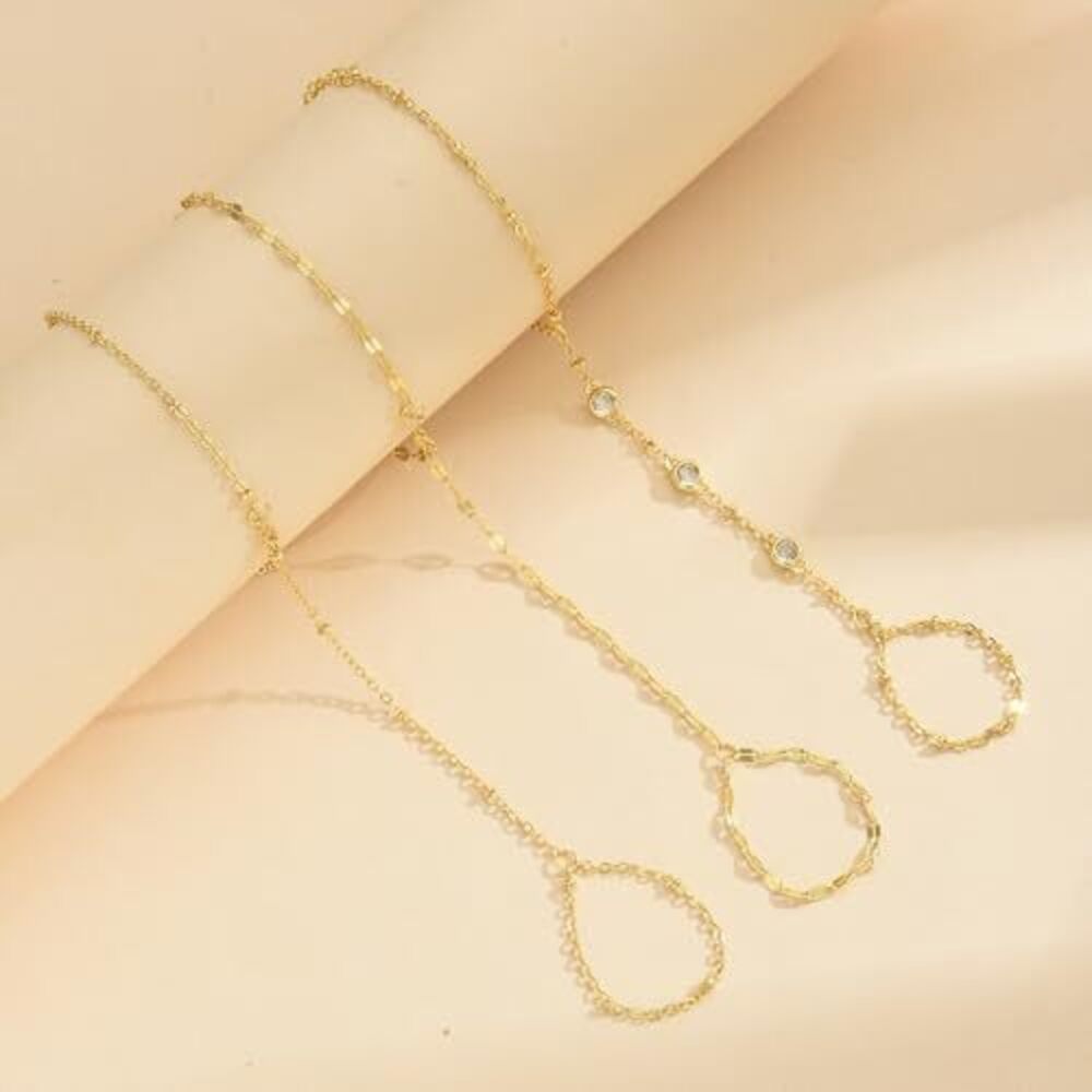 3Pcs 14K Gold-Plated Hand Chain Bracelets For Women, Stack Bracelets Set - Picture 4 of 5